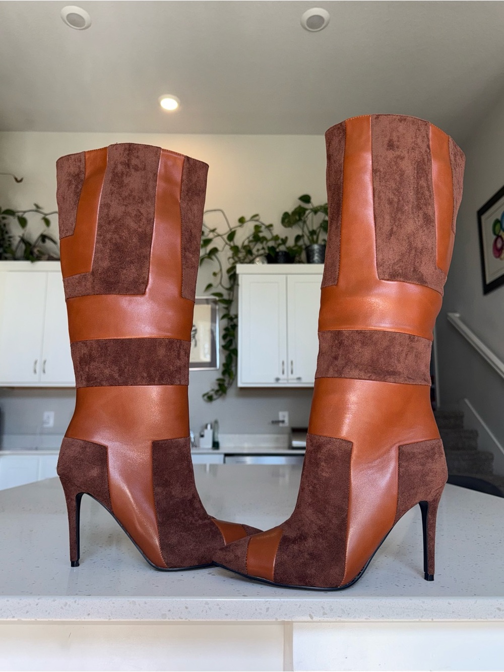 Azalea Wang Esco Two-Tone Brown Leather & Suede Knee-High Stiletto Boots